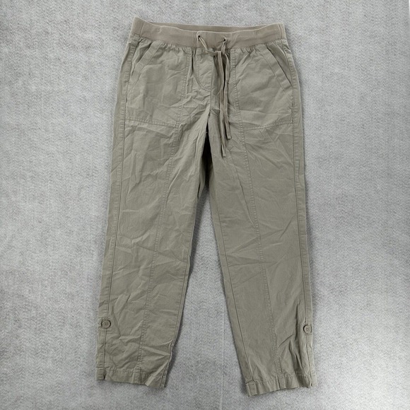 Talbots Pants Womens 8 Elastic Waist Pull Up Cotton Roll Cuff Tan Khaki Cargo - Picture 1 of 13